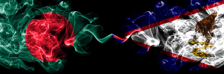 Bangladesh, Bangladeshi vs United States of America, America, US, USA, American, American Samoa smoky mystic flags placed side by side. Thick colored silky abstract smokes flags.