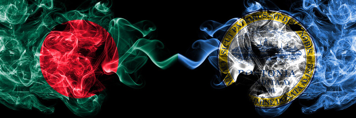 Obraz premium Bangladesh, Bangladeshi vs United States of America, America, US, USA, American, Boston, Massachusetts smoky mystic flags placed side by side. Thick colored silky abstract smokes flags.