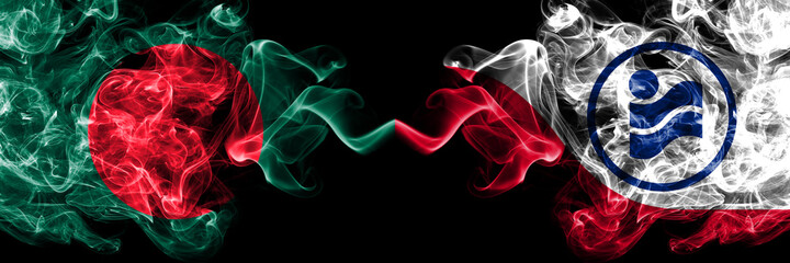 Obraz premium Bangladesh, Bangladeshi vs United States of America, America, US, USA, American, Irving, Texas smoky mystic flags placed side by side. Thick colored silky abstract smokes flags.