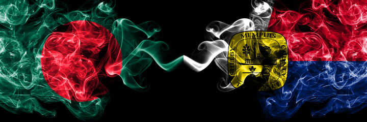 Bangladesh, Bangladeshi vs United States of America, America, US, USA, American, Memphis, Tennessee smoky mystic flags placed side by side. Thick colored silky abstract smokes flags.