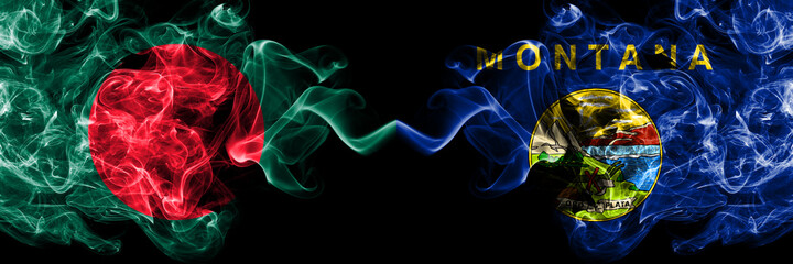 Bangladesh, Bangladeshi vs United States of America, America, US, USA, American, Montana smoky mystic flags placed side by side. Thick colored silky abstract smokes flags.