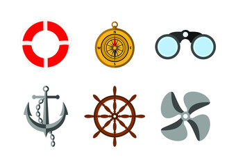 Vector set of colored realistic nautical icons. Lifebuoy, compass, anchor with chain, steering wheel, binoculars and ship propeller on a white background