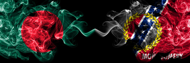 Bangladesh, Bangladeshi vs United States of America, America, US, USA, American, Montgomery, Alabama smoky mystic flags placed side by side. Thick colored silky abstract smokes flags.