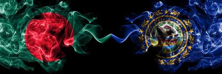 Bangladesh, Bangladeshi vs United States of America, America, US, USA, American, New Hampshire  smoky mystic flags placed side by side. Thick colored silky abstract smokes flags.