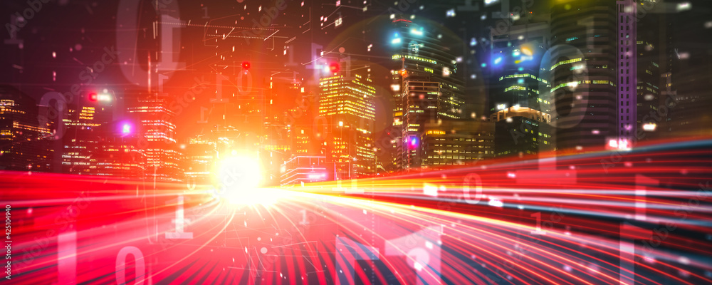 Wall mural digital data flow on road with motion blur to create vision of fast speed transfer . concept of futu