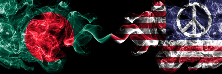 Bangladesh, Bangladeshi vs United States of America, America, US, USA, American, Peace smoky mystic flags placed side by side. Thick colored silky abstract smokes flags.