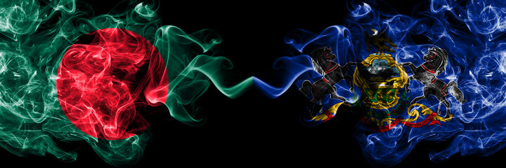 Obraz premium Bangladesh, Bangladeshi vs United States of America, America, US, USA, American, Pennsylvania smoky mystic flags placed side by side. Thick colored silky abstract smokes flags.