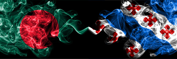 Bangladesh, Bangladeshi vs United States of America, America, US, USA, American, Rockville, Maryland smoky mystic flags placed side by side. Thick colored silky abstract smokes flags.