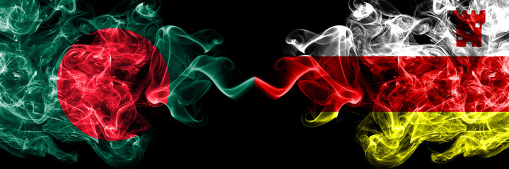 Bangladesh, Bangladeshi vs United States of America, America, US, USA, American, Santa Barbara, California smoky mystic flags placed side by side. Thick colored silky abstract smokes flags.
