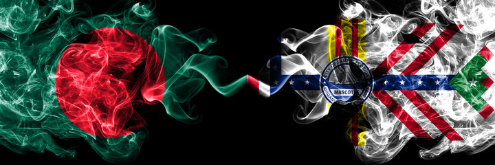 Bangladesh, Bangladeshi vs United States of America, America, US, USA, American, Tampa, Florida smoky mystic flags placed side by side. Thick colored silky abstract smokes flags.
