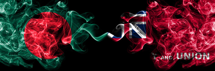 Bangladesh, Bangladeshi vs United States of America, America, US, USA, American, Taunton, Massachusetts smoky mystic flags placed side by side. Thick colored silky abstract smokes flags.