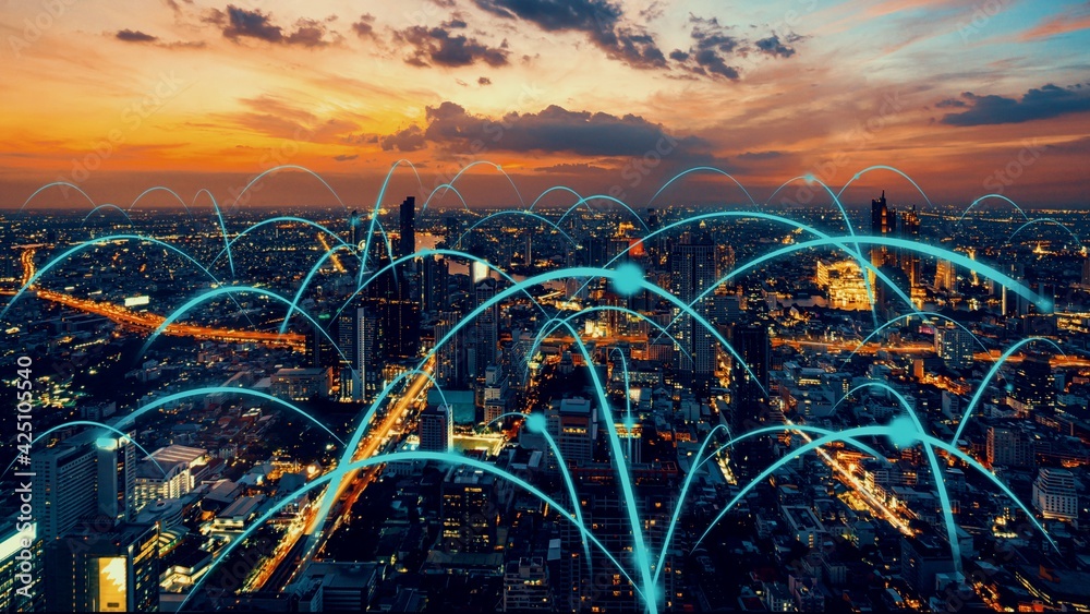Wall mural smart digital city with globalization abstract graphic showing connection network . concept of futur