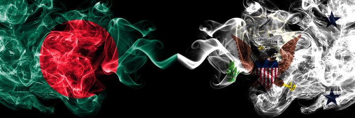 Bangladesh, Bangladeshi vs United States of America, America, US, USA, American, Vice President smoky mystic flags placed side by side. Thick colored silky abstract smokes flags.