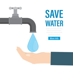 Save water, landing page template. Water tap, large drop. Problem of ecology and irreplaceable natural resources of planet.