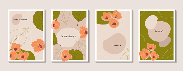Fototapeta premium Beautiful set of natural color cover design templates. Modern floral design for organic product packaging, plant-based cosmetics, social media post, wall art, cover, banner. Stock vector illustration.