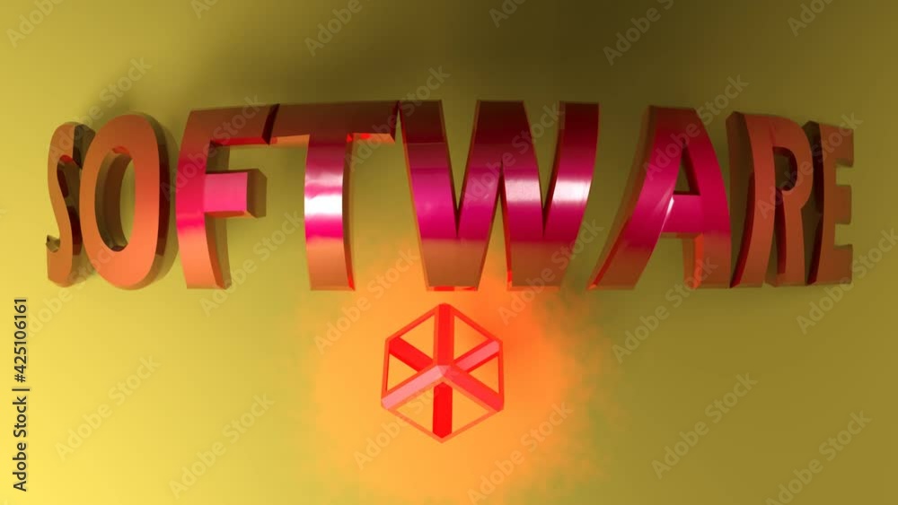 Poster the write software in red metallic letters, on yellow background, with a red lighted cubic structure