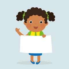  Cute cartoon schoolgirl holding blank banner template. African american kid girl with empty white paper sheet. Happy child character with mockup placard.