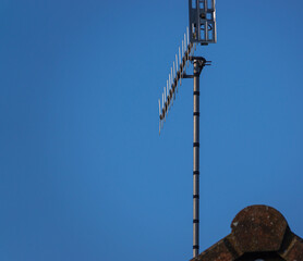 aluminium TV aerial high on a rooftop under a clear blue sky
