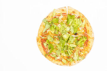 Pizza with lettuce and chicken meat isolated above white background