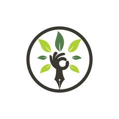 Education insurance and support logo concept. Pen and hand tree icon logo.	