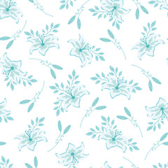 Fototapeta na wymiar Teal Tossed Lilies and Buds Seamless Repeating Background
