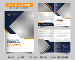 Construction bifold brochure design template with yellow and black color geometric shapes Premium Vector ads