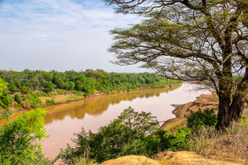 Omo river in Omo Valley. Omorate, Ethiopia. Africa
The Omo River (also called Omo-Bottego) in southern Ethiopia is the largest Ethiopian river outside the Nile Basin. Its course is entirely contained
