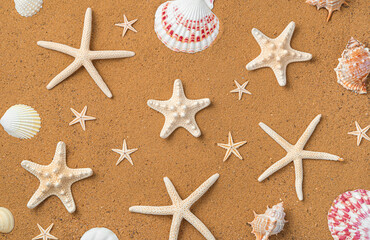 Beach sand with starfish and seashells. Top view, copy space. Summer sea background.