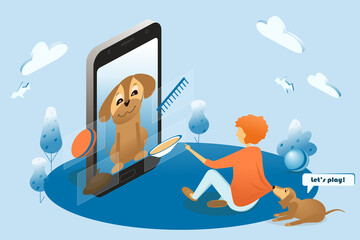 Illustration on the theme of stop gadgets. A child instead of playing with a live dog plays on the phone with a digital dog