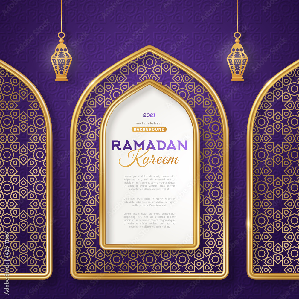 Wall mural ramadan kareem concept poster, gold 3d frame arab window and hanging lanterns lamp on night sky back