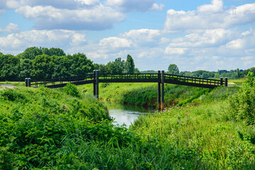 Fototapeta premium Small wooden footbridge in green nature with clouds