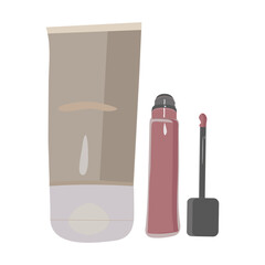 Foundation and lip gloss on a white background
