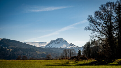 Plakat Landscape scene with agriculture field, trees, snow covered mountains and sky. Switzerland.
