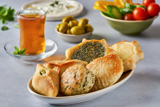 Middle eastern, arabic breakfast with traditional pastries and labneh. Pasties, fatayer or samosa with spinach , potato and cheese, manaqeesh zaatar. Closeup