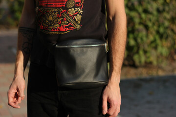 black leather bag, waist bag