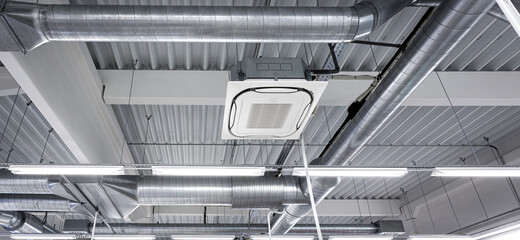 Ceiling mounted cassette type air condition units with other parts of ventilation system (tubes,...