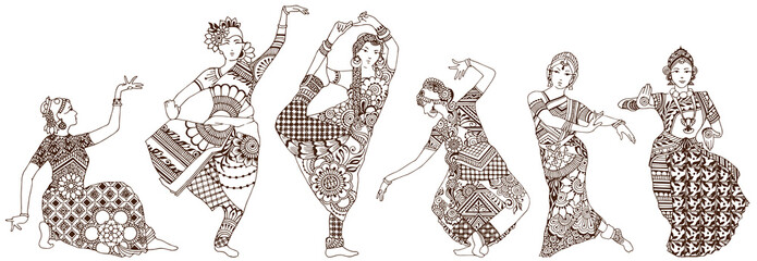 Dancers on a white background. Set of ornate oriental girls drawn in mehndi style. - 425117386