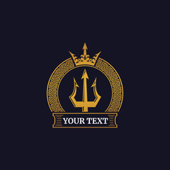 Golden trident badge with crown. Illustration of a trident emblem with a crown on a navy blue background.  - obrazy, fototapety, plakaty