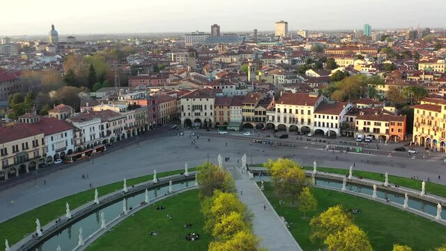 Padua, Veneto, Italy. Prato della Valle, the Abbey of Santa Giusta and the Basilica of Sant'Antonio.
Aerial shot with drone of the historic center of Padua