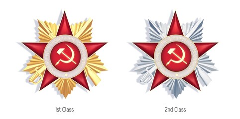 The Orders of the Patriotic War, golden 1st class and silver 2nd class military decorations.