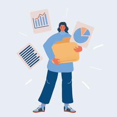 Vector illustration of woman hold big folder with files on white backround.