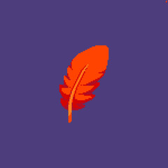 Pixel art red feather isolated on violet background
