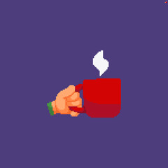 Pixel art isolated hand holding red tea mug - 425120512