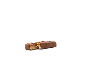 Chocolate bar Snickers with nuts and caramel on a white background