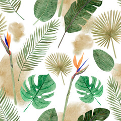 Watercolor tropical tile of Pattern with brown stains and botanical leaves - palm, monstera, banana and flowers. 