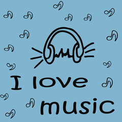 
illustration I love music on a blue background with headphones