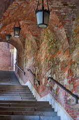 Red brick staircase tunnel on Buda castle, Budapest, Hungary