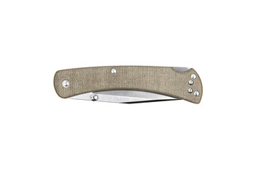 Pocket folding knife isolate on white back. Compact metal sharp knife with a folding blade.