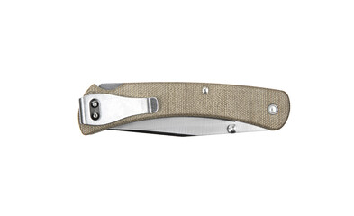 Pocket folding knife isolate on white back. Compact metal sharp knife with a folding blade.