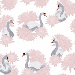 Beautiful seamless pattern with white swans and Japanese chrysanthemum flowers illustration.